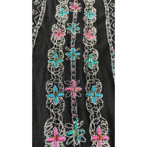 Silkland 100% Silk Black L Embroidered Beaded Sequined Blouse Sheer Rainbow - Picture 13 of 15